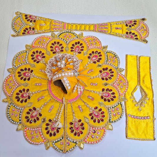 Premium Designer Yellow Laddu Gopal Poshak with Heavy Kundan Work & Jewelled Mukut