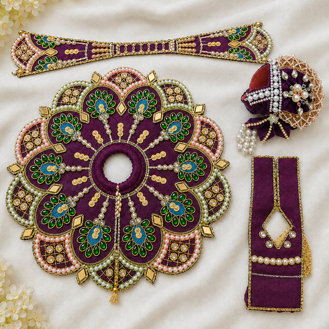 Deep Purple Laddu Gopal Dress Set | Heavy Mor Pankh Stone Work Krishna Poshak with Pagdi & Patka