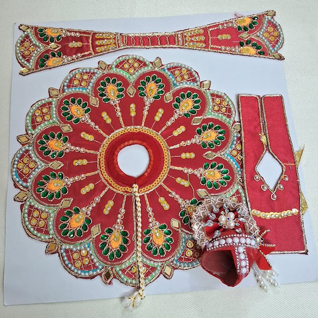 Premium Red Handcrafted Laddu Gopal Dress Set with Mukut | Silk Poshak | Daivik Vastram