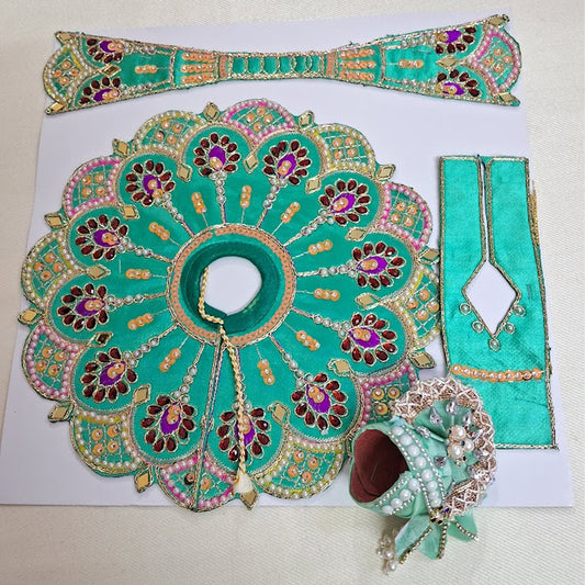 Premium Sea Green Handcrafted Laddu Gopal Dress Set with Mukut | Silk Poshak | Daivik Vastram