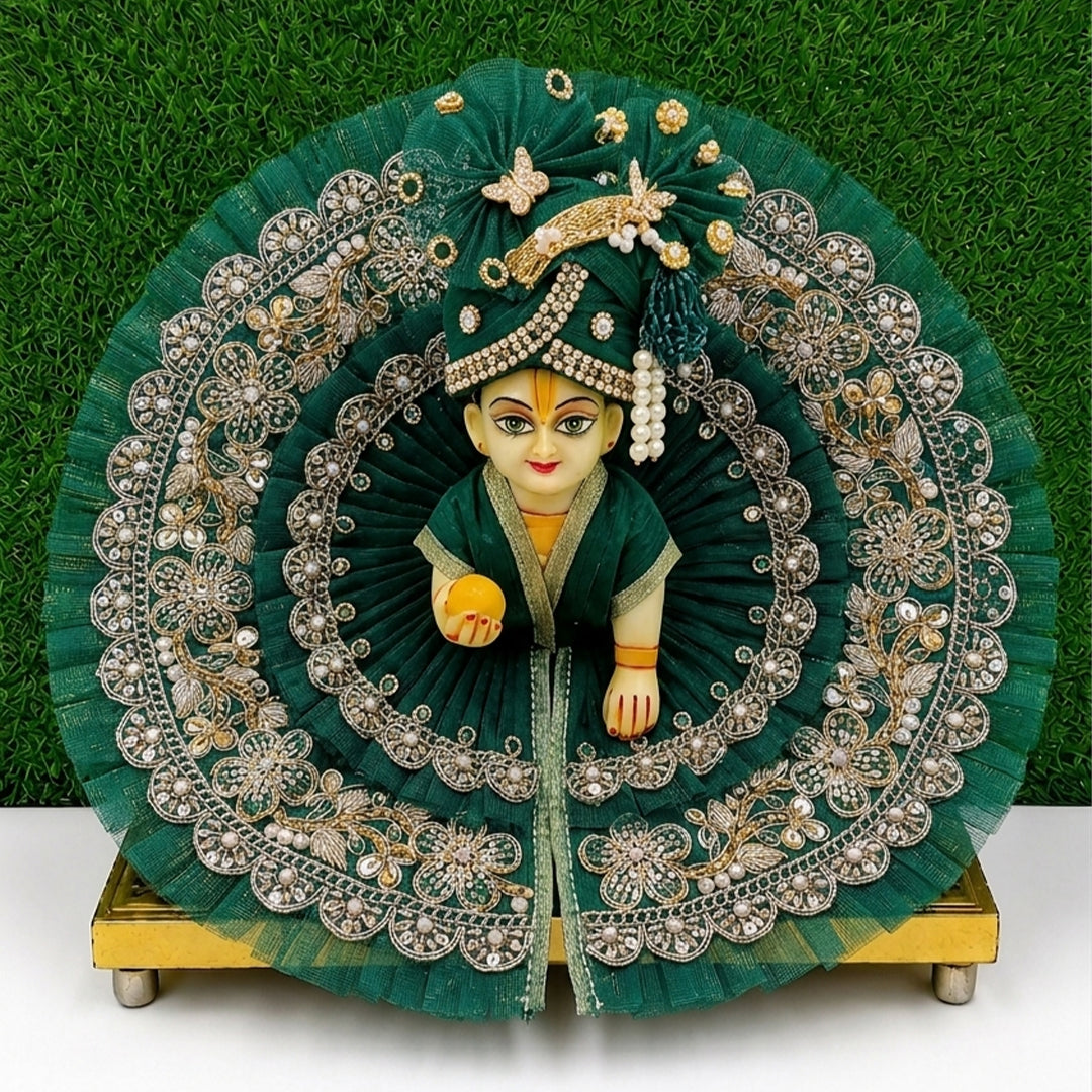 Emerald Green Handcrafted Laddu Gopal Dress with Pagadi