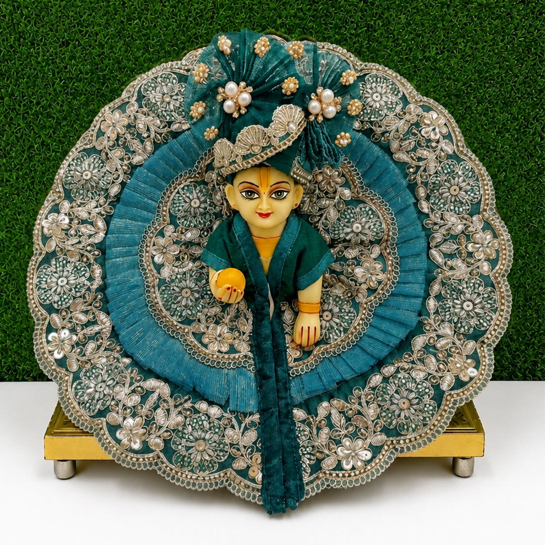 Teal Green Floral Laddu Gopal Poshak with Pagadi
