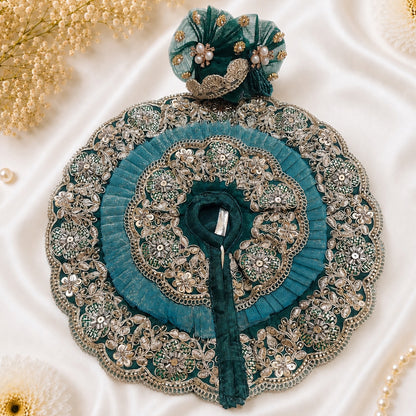 Teal Green Floral Laddu Gopal Poshak with Pagadi