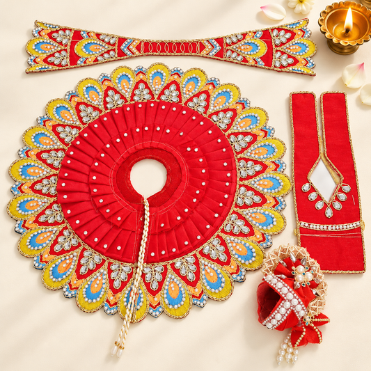 Daivik Vastram Red Peacock Laddu Gopal Poshak Set with Mukut, Patka & Choli