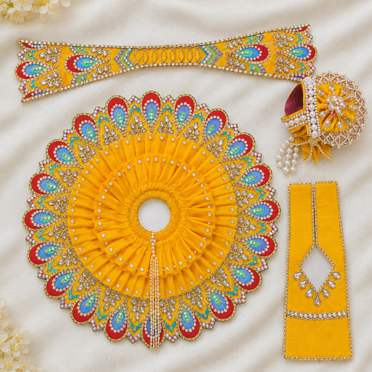 Yellow Peacock Design Laddu Gopal Poshak Set with Pagdi
