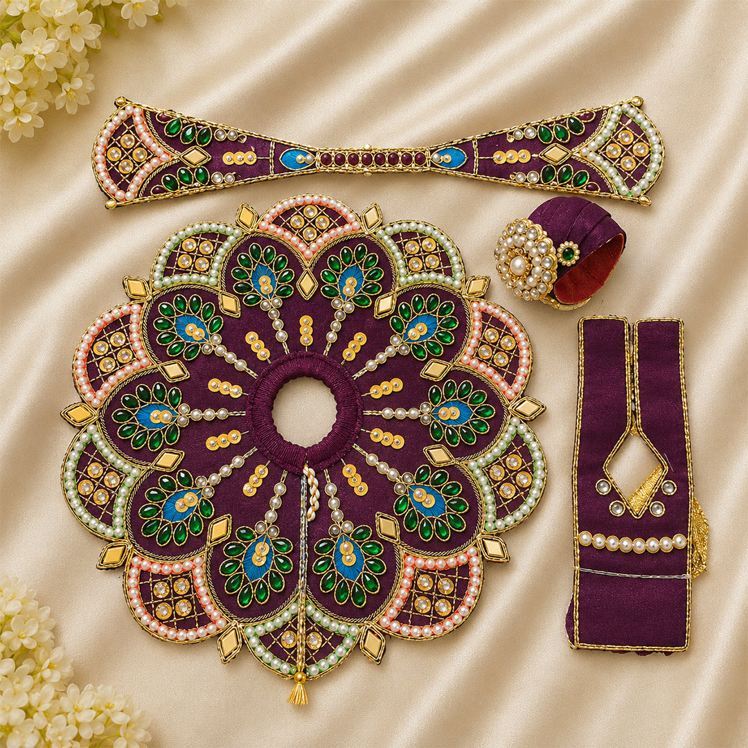 Deep Purple Laddu Gopal Dress Set | Heavy Mor Pankh Stone Work Krishna Poshak with Pagdi & Patka