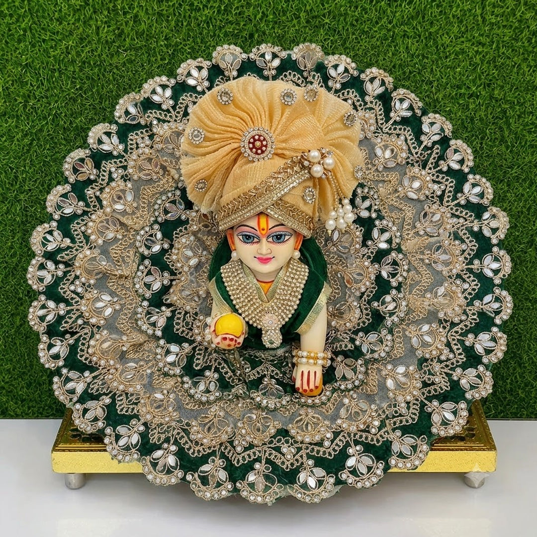 Royal Emerald Lace Laddu Gopal Poshak with Designer Mukut