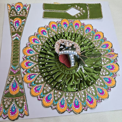 Daivik Vastram Olive Green Peacock Laddu Gopal Poshak Set with Mukut, Patka & Choli