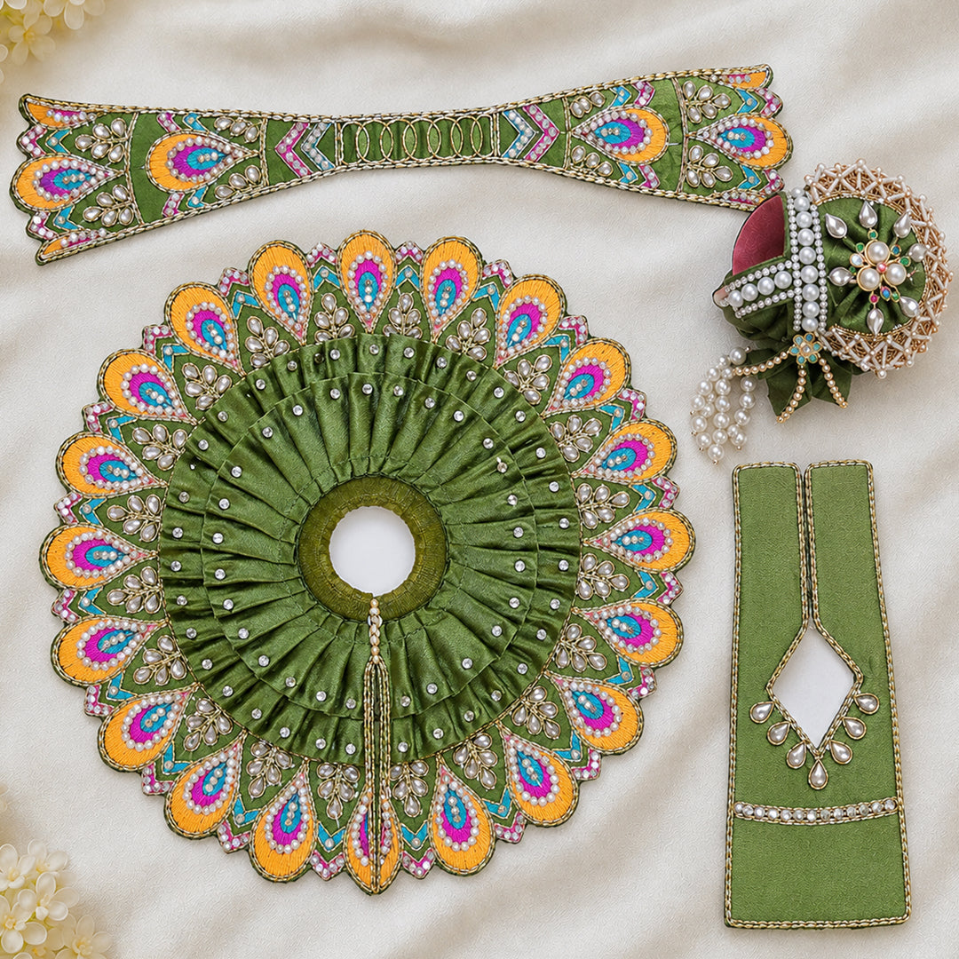 Daivik Vastram Olive Green Peacock Laddu Gopal Poshak Set with Mukut, Patka & Choli