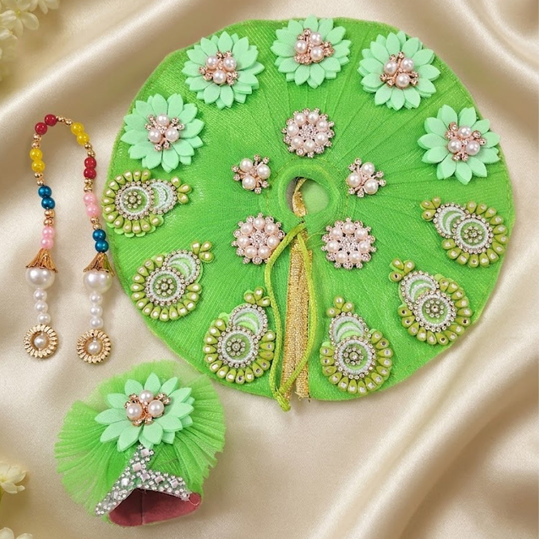 Premium Green Flower Laddu Gopal Dress Set with Pagdi & Mala
