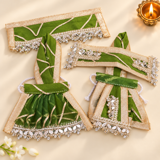 Radha Krishna Emerald Green Designer Shringar Set – Golden Pearl Work