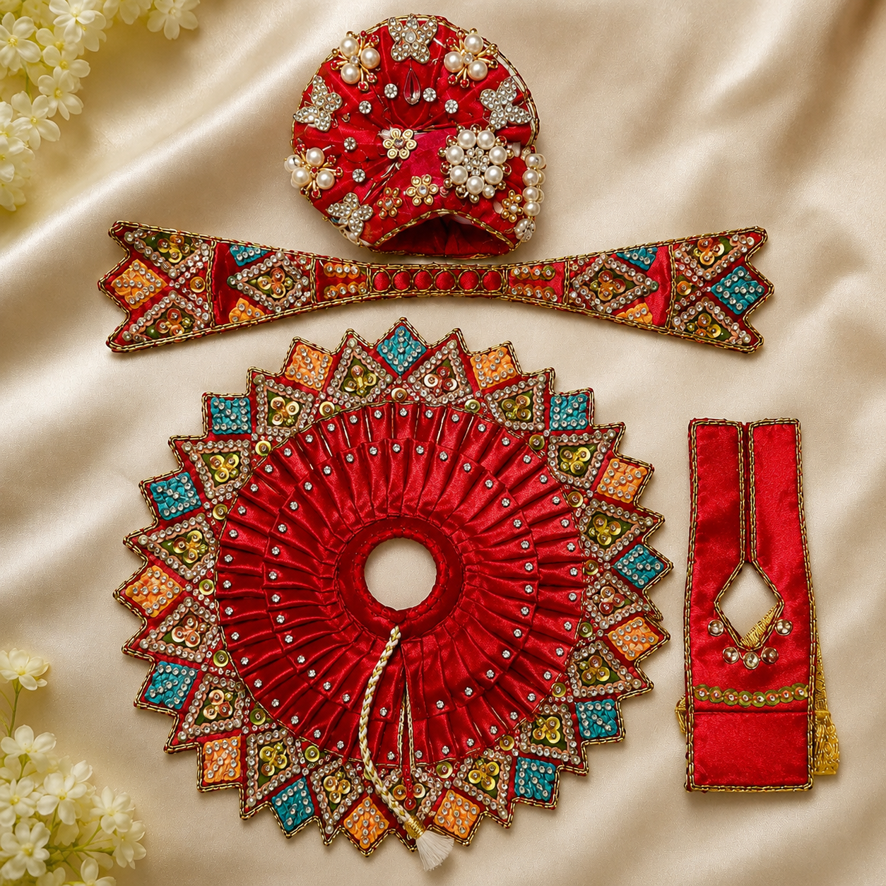 Red Handcrafted Laddu Gopal Dress Set with Mukut