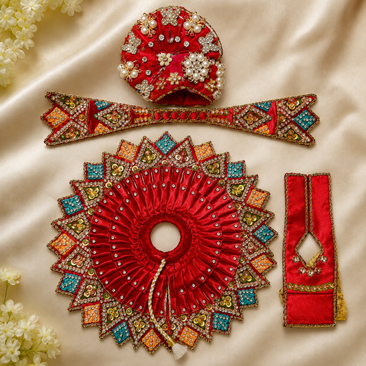 Red Handcrafted Laddu Gopal Dress Set with Mukut