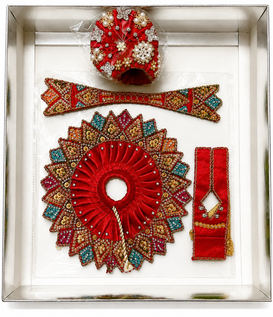 Red Handcrafted Laddu Gopal Dress Set with Mukut