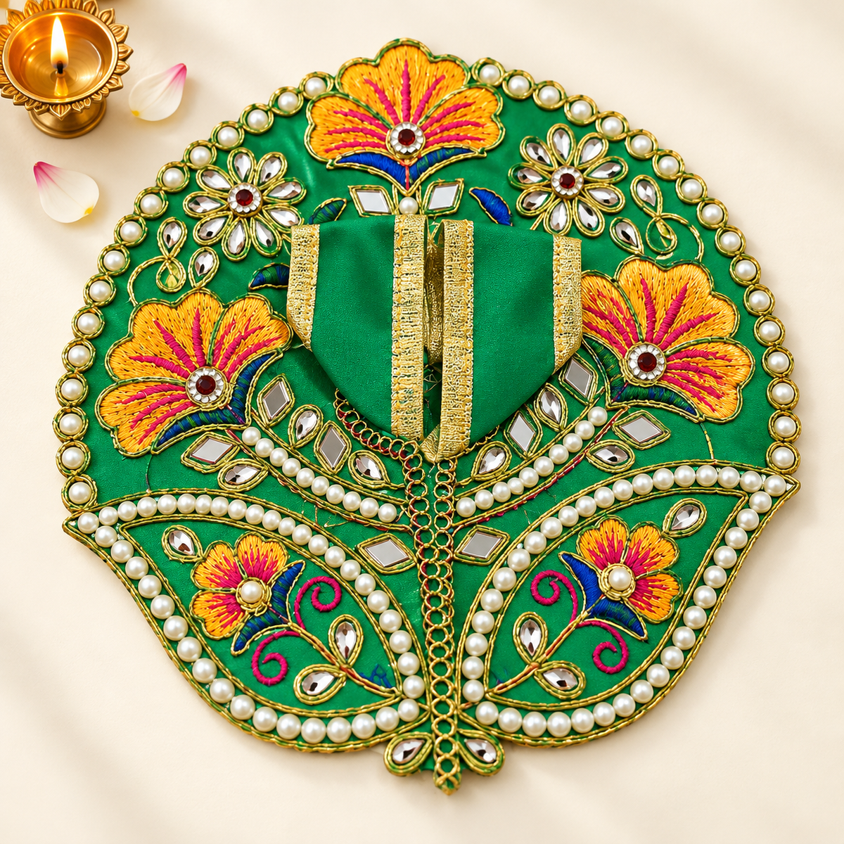 Laddu Gopal Green Dress with Pearl & Zari Work