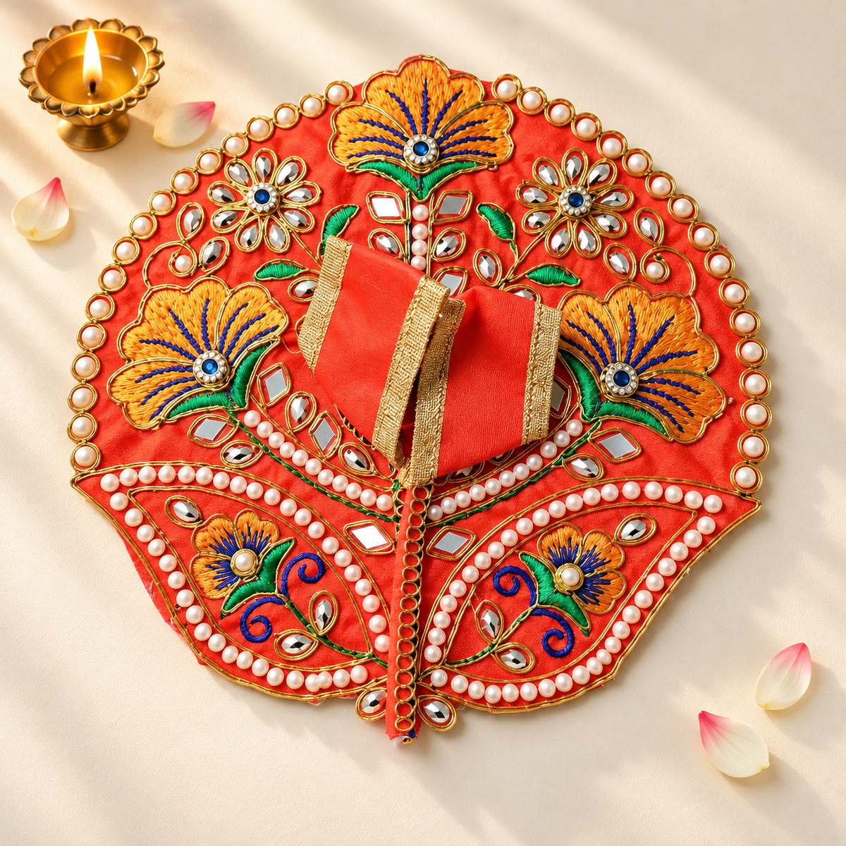 Laddu Gopal Red Dress with Pearl & Zari Work
