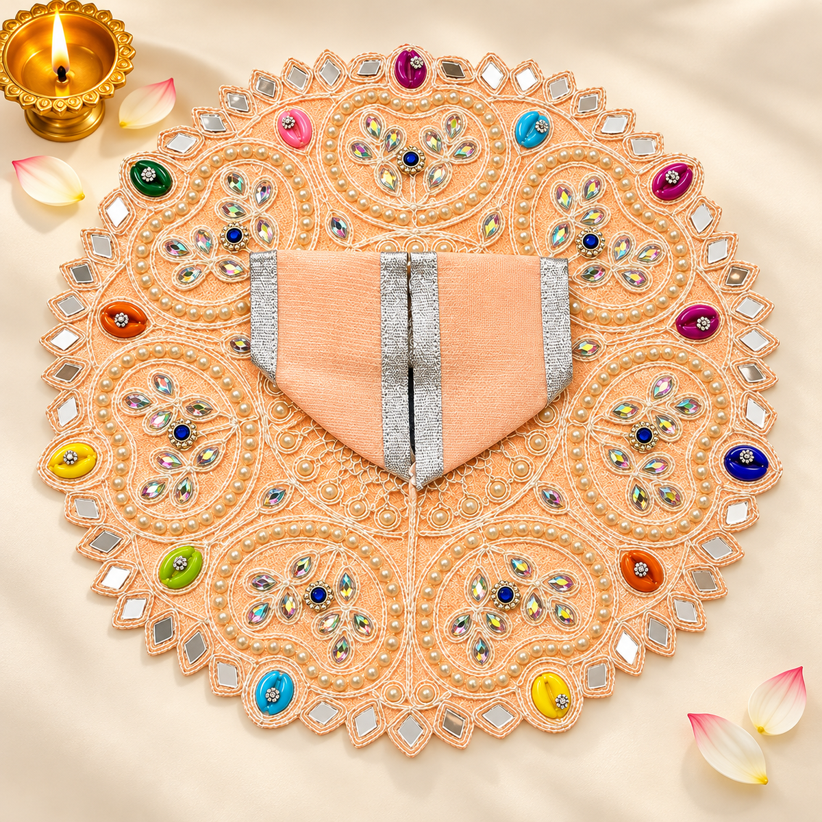 Laddu Gopal Soft Peach Dress with Pearl & Zari Work