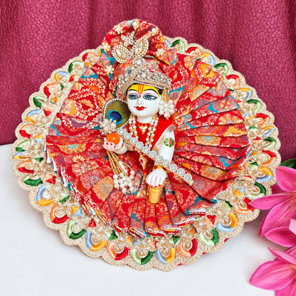Red Floral Silver Lace Laddu Gopal Dress With Matching Pagadi