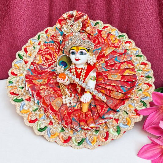 Red Floral Silver Lace Laddu Gopal Dress With Matching Pagadi