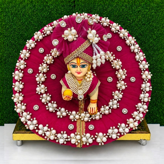 Magenta Laddu Gopal Poshak | Pearl & Navaratna Embellished Kanha Ji Dress With Pagadi | Sizes 0 to 6 | Premium Rani Pink Thakurji Outfit