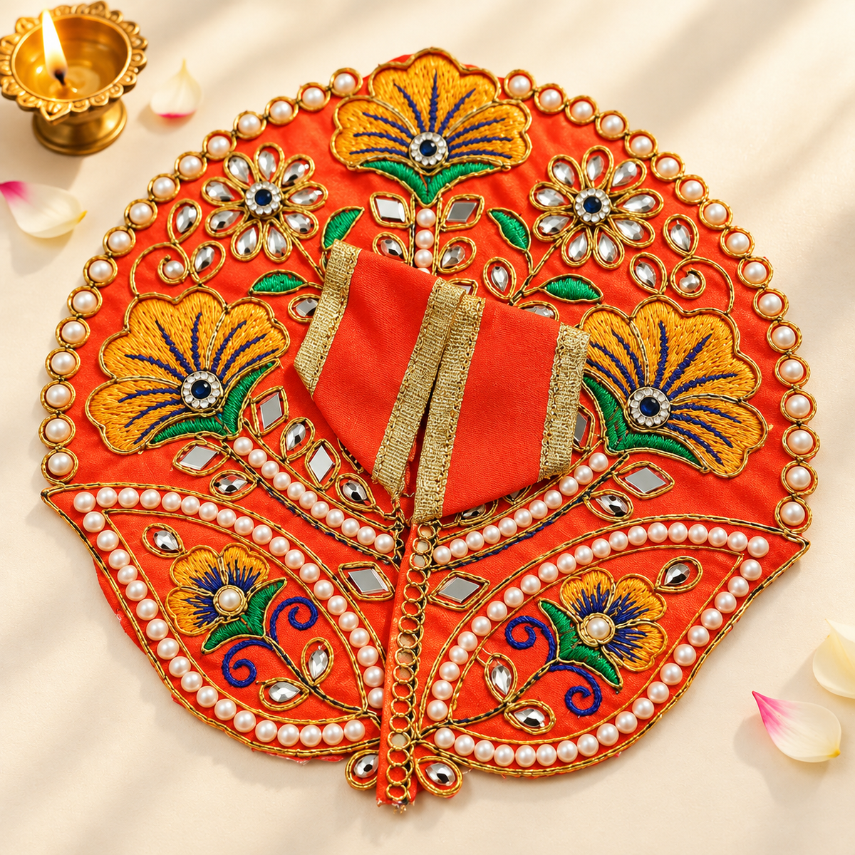 Laddu Gopal Orange Dress with Pearl & Zari Work