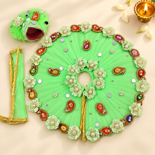 Parrot Green Laddu Gopal Designer Poshak with Mukut & Patka