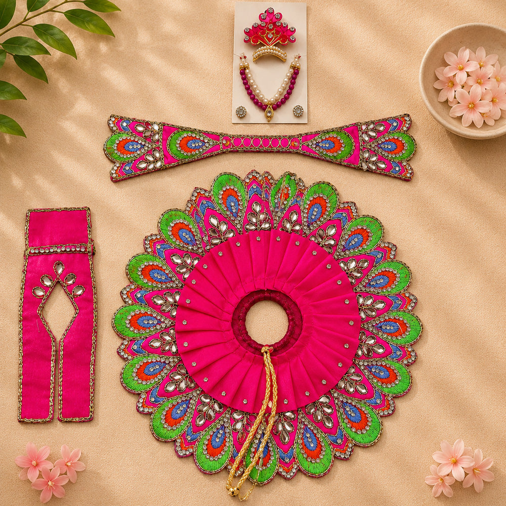 Deep Pink Designer Laddu Gopal Poshak with Green Mor Pankh Embroidery & Kundan Work