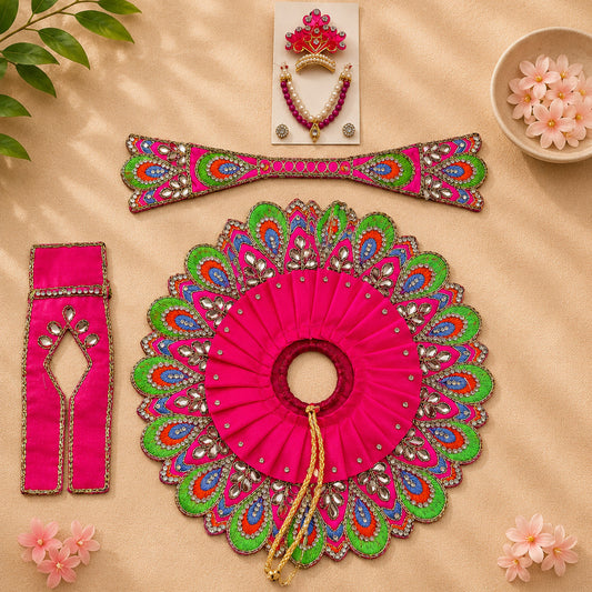 Deep Pink Designer Laddu Gopal Poshak with Green Mor Pankh Embroidery & Kundan Work