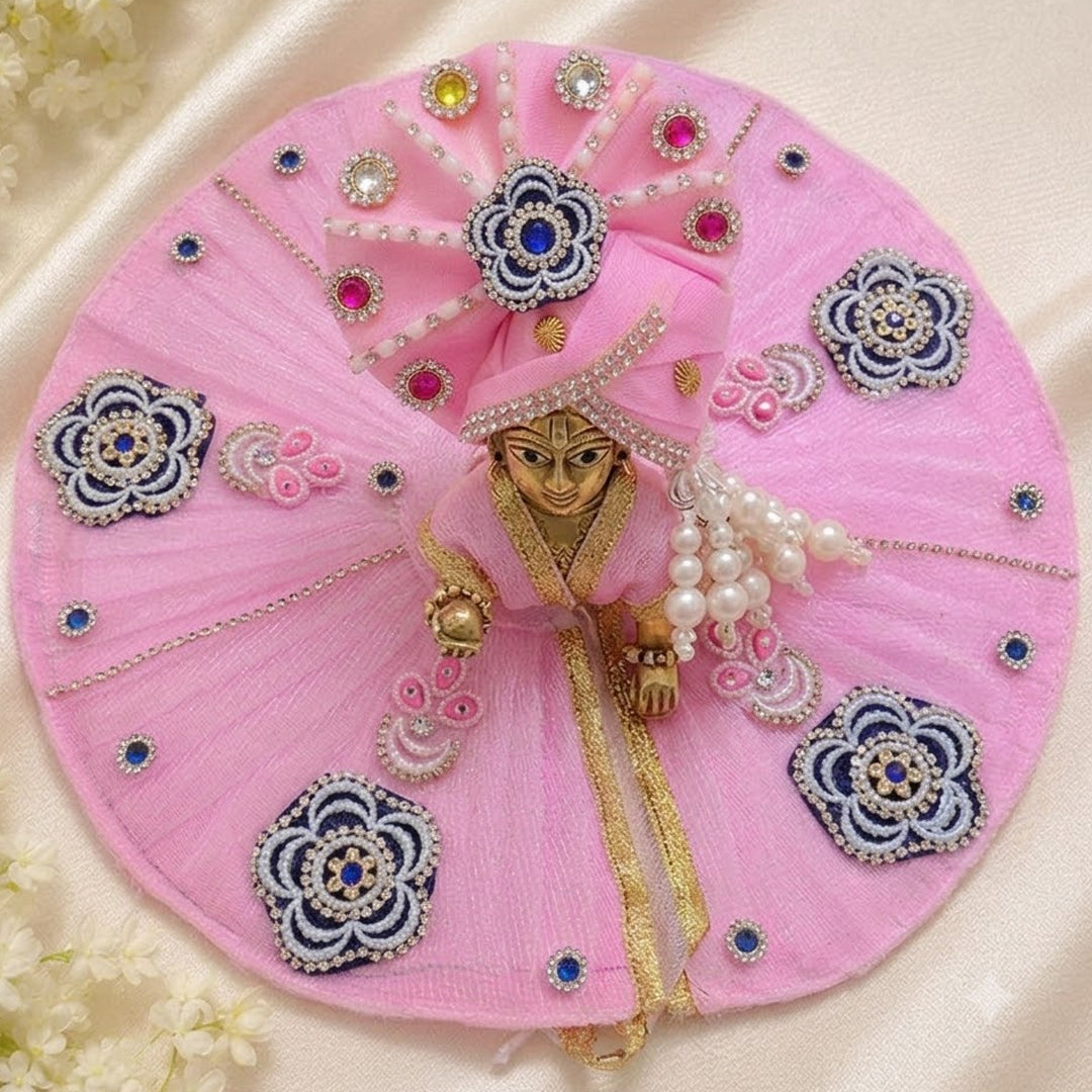 Baby Pink Laddu Gopal Poshak With Mukut | Zardozi Embroidered Kanha Ji Dress with Sapphire & Pearl Motifs | Sizes 0 to 7