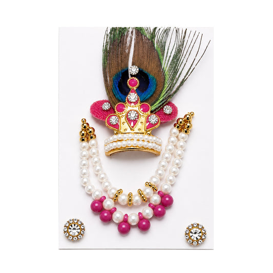 Pink & Pearl Laddu Gopal Shringar Set | Mor Pankh Mukut, Mala & Earrings for Thakurji