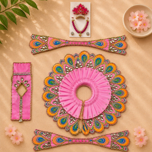 Pink Designer Laddu Gopal Poshak with Vibrant Mor Pankh Embroidery & Kundan Work