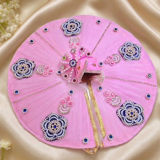Baby Pink Laddu Gopal Poshak With Mukut | Zardozi Embroidered Kanha Ji Dress with Sapphire & Pearl Motifs | Sizes 0 to 7
