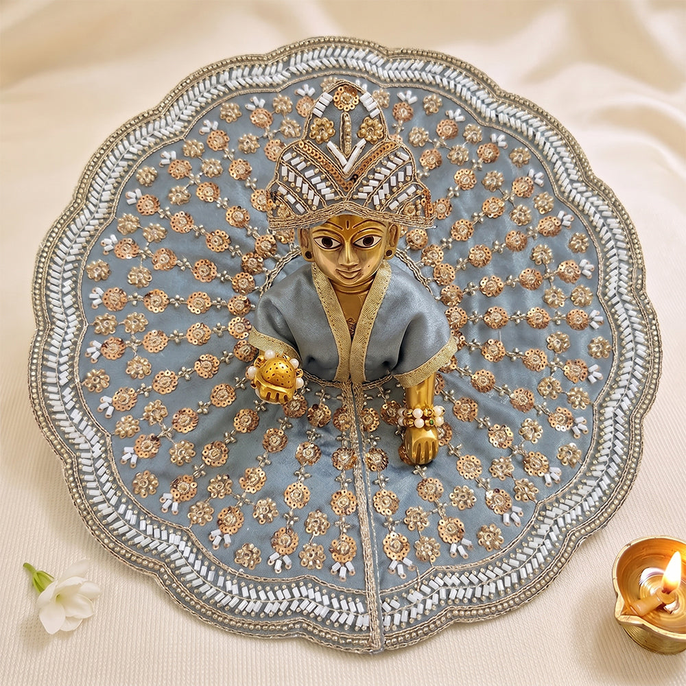 Premium Designer Laddu Gopal Dress (Size 5-8) | Heavy Zari & Sequin Work Slate Blue Poshak with Mukut