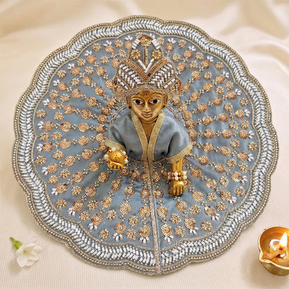 Premium Designer Laddu Gopal Dress (Size 5-8) | Heavy Zari & Sequin Work Slate Blue Poshak with Mukut