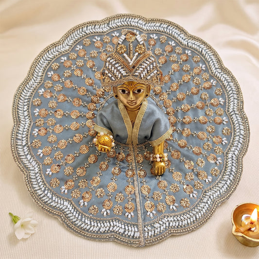 Premium Designer Laddu Gopal Dress (Size 5-8) | Heavy Zari & Sequin Work Slate Blue Poshak with Mukut