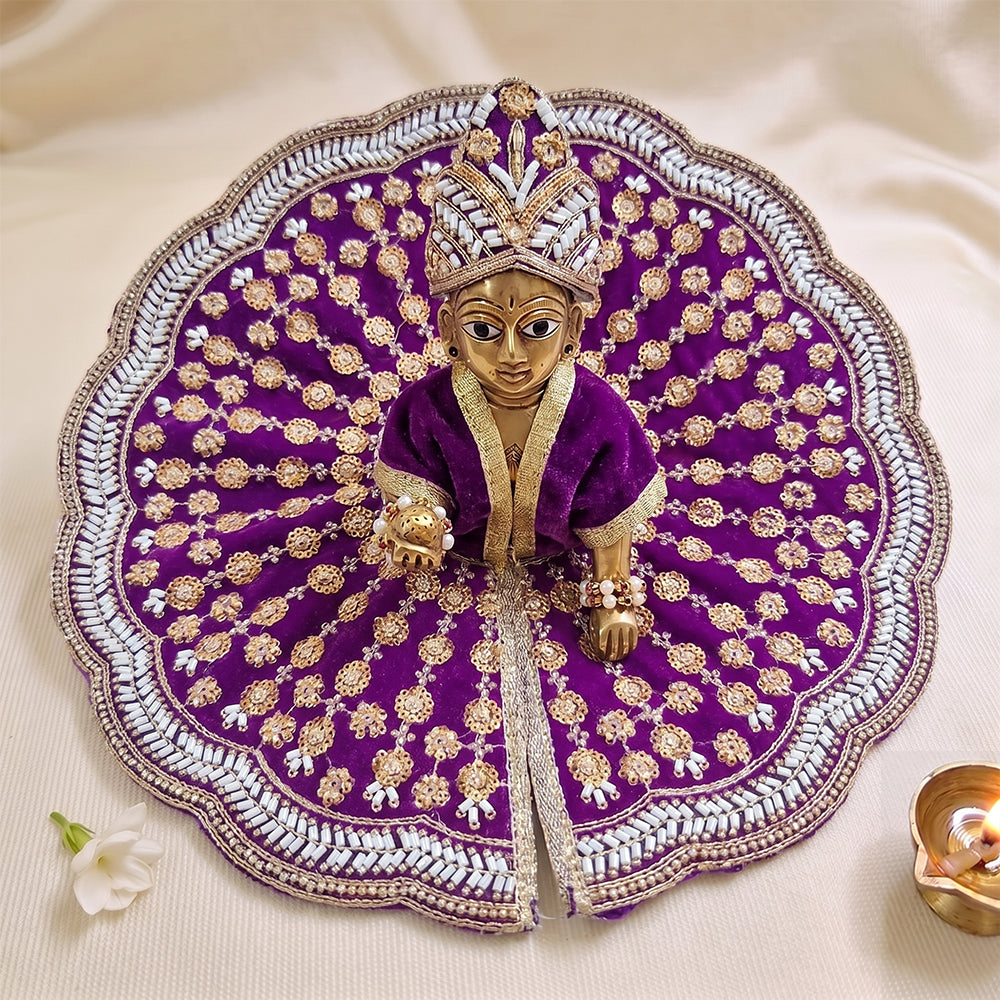 Premium Designer Laddu Gopal Dress (Size 5 to 8) - Royal Purple Velvet Krishna Poshak with Mukut