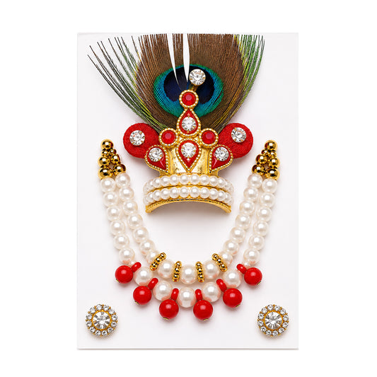 Premium Laddu Gopal Red Pearl Shringar Set with Mor Pankh Mukut & Mala Thakurji Accessories India