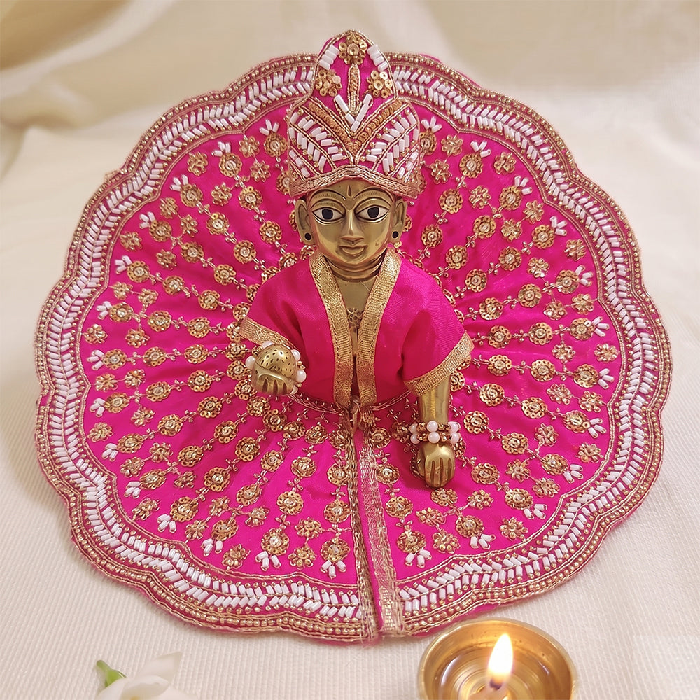 Premium Pink Embroidered Laddu Gopal Dress with Mukut | Handcrafted Kanha Ji Poshak / Thakurji Vastra (Size 5, 6, 7, 8)