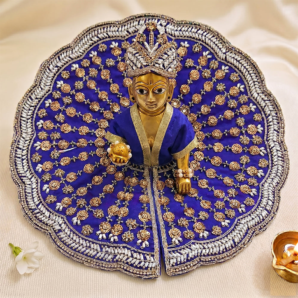 Premium Royal Blue Laddu Gopal Dress (Size 5 to 8) - Heavy Handwork Poshak for Kanha Ji with Matching Mukut