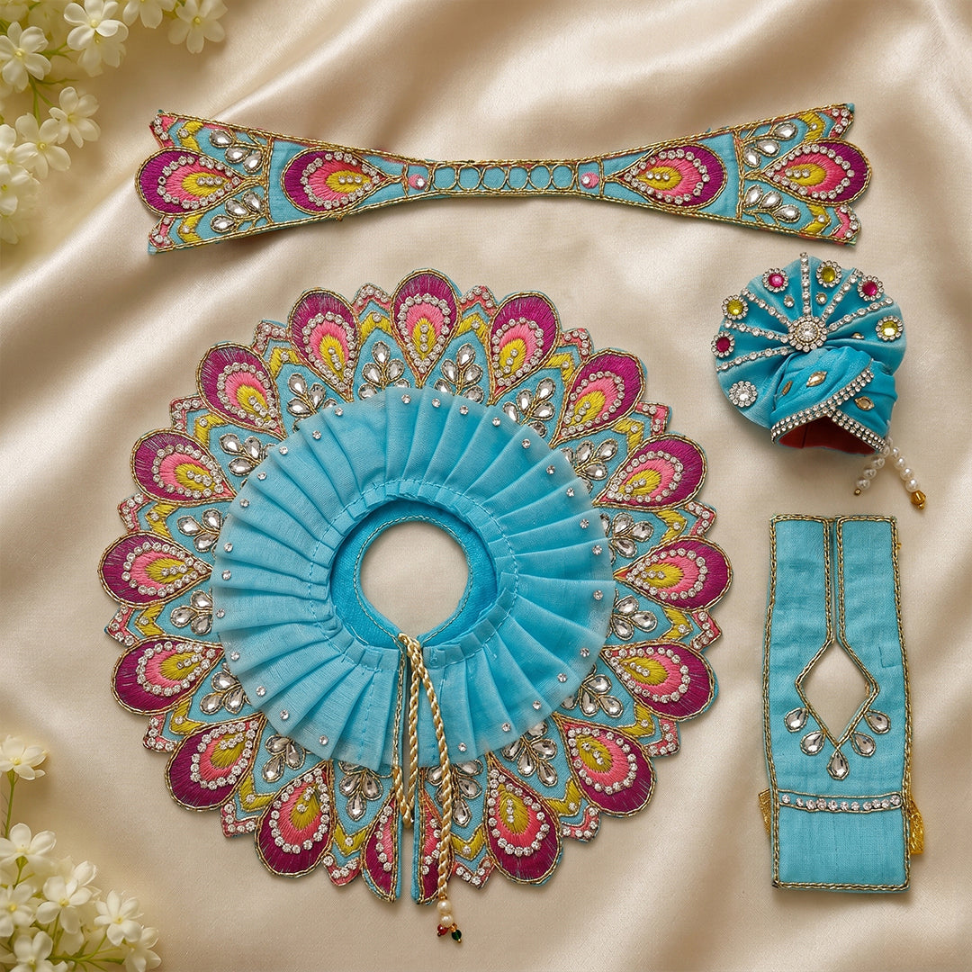 Premium Sky Blue Mor Pankh Design Laddu Gopal Dress with Mukut