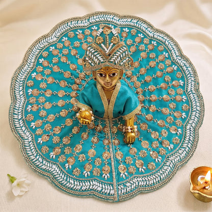 Premium Teal Blue Sequined Laddu Gopal Poshak with Matching Mukut - Heavy Designer Thakurji Dress (Size 5 to 8)