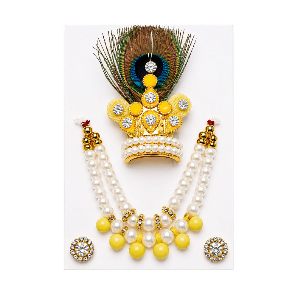 Premium Yellow Pearl Mala and Mukut Set with Peacock Feather for Laddu Gopal | Complete Deity Shringar Accessories