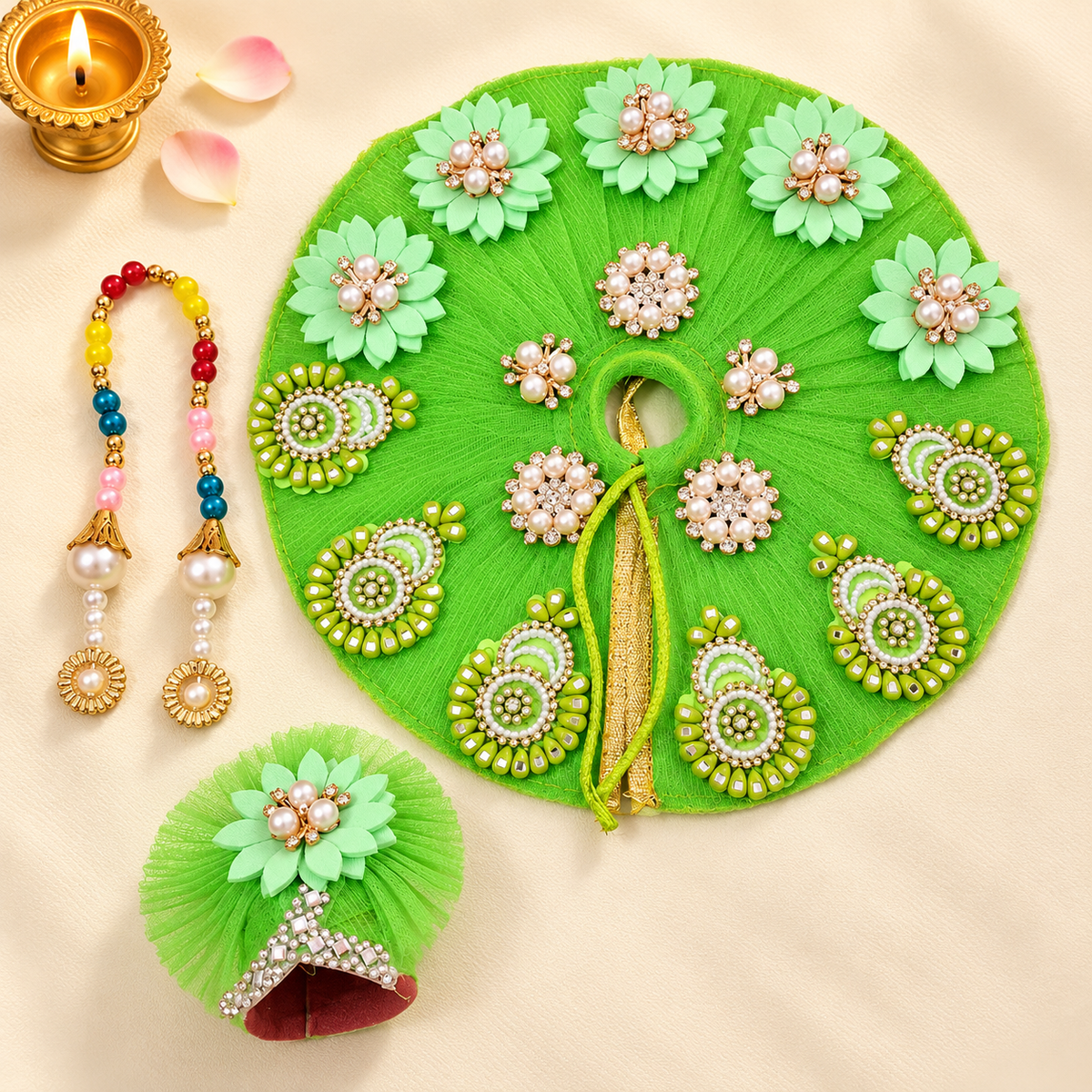 Premium Green Flower Laddu Gopal Dress Set with Pagdi & Mala