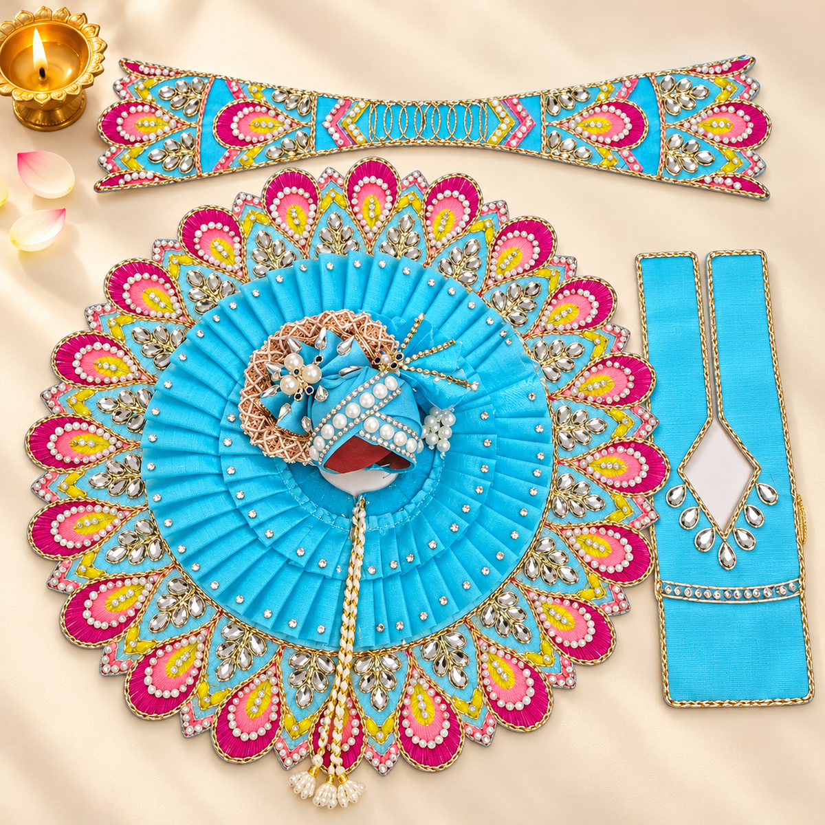Premium Sky Blue Mor Pankh Design Laddu Gopal Dress with Mukut