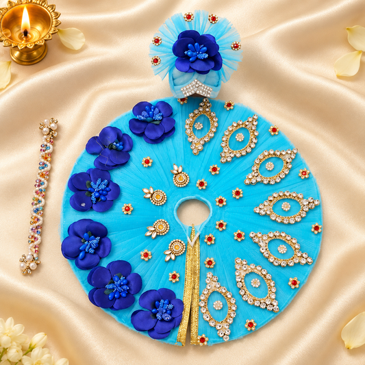 Premium Sky Blue & Royal Blue 3D Flower Laddu Gopal Poshak with Heavy Stone Work & Mukut Set