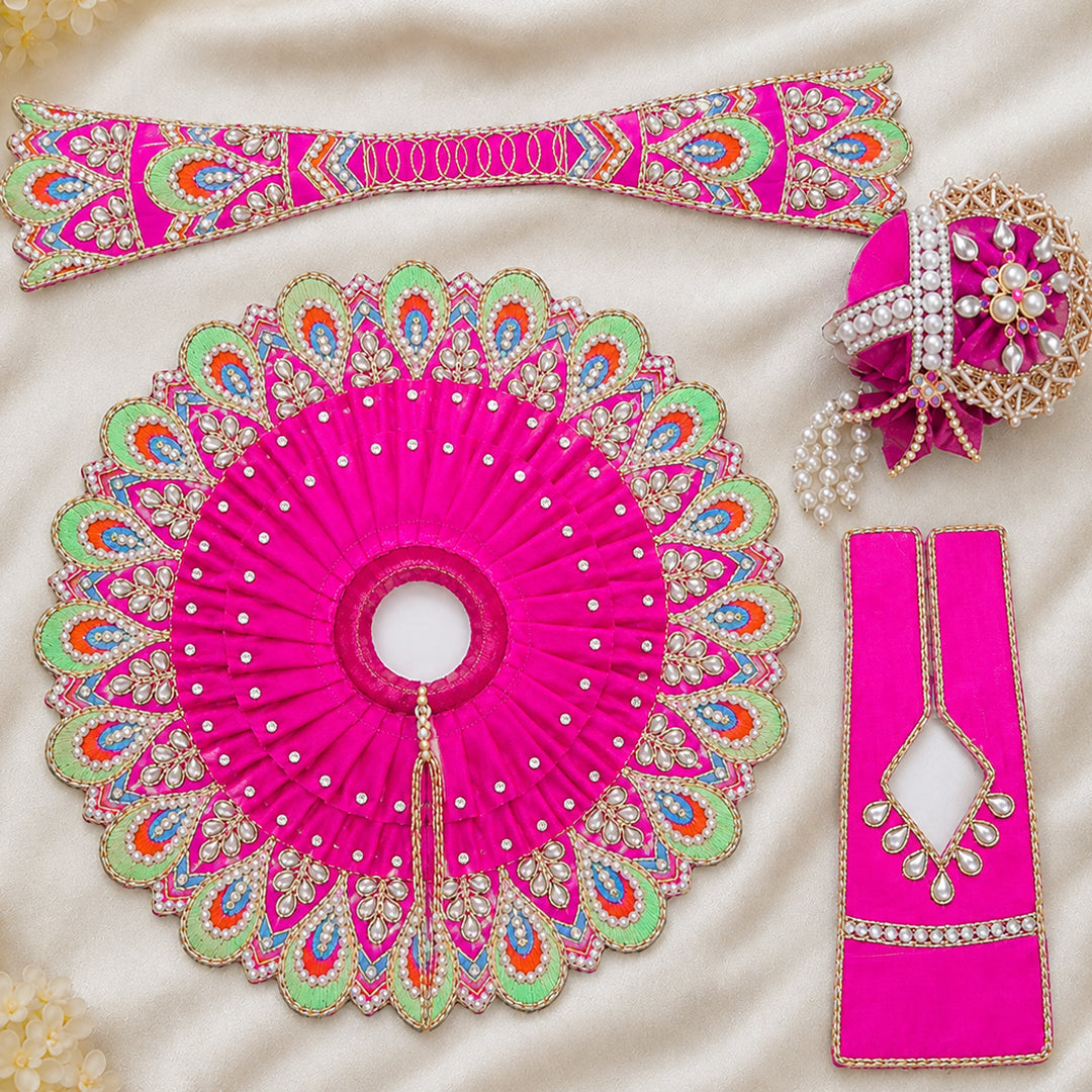 Daivik Vastram Rani Pink Peacock Laddu Gopal Poshak Set with Mukut, Patka & Choli