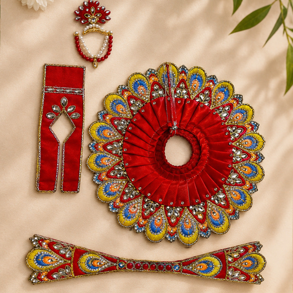 Red Designer Laddu Gopal Poshak with Mor Pankh Embroidery & Stone Work