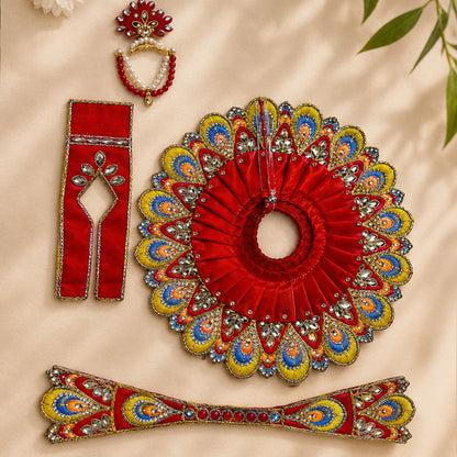 Red Designer Laddu Gopal Poshak with Mor Pankh Embroidery & Stone Work