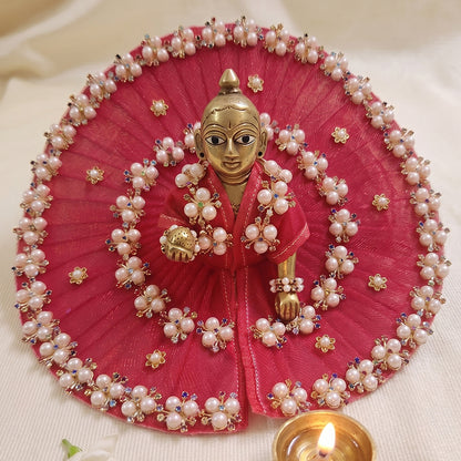 Laddu Gopal Dress Red Pink Organza | Pearl Flower Rhinestone Poshak for Kanha Ji | Size 4 to 7