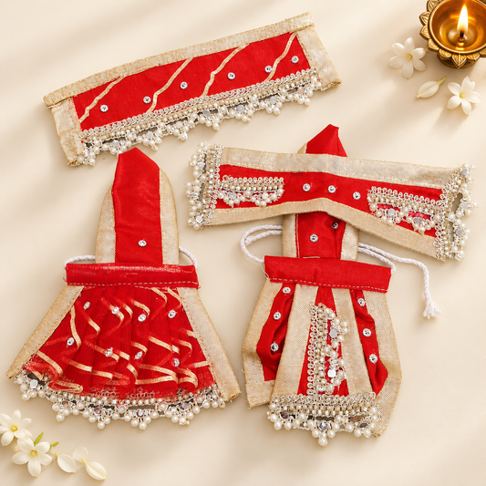 Radha Krishna Red Designer Shringar Set – Golden Pearl Work